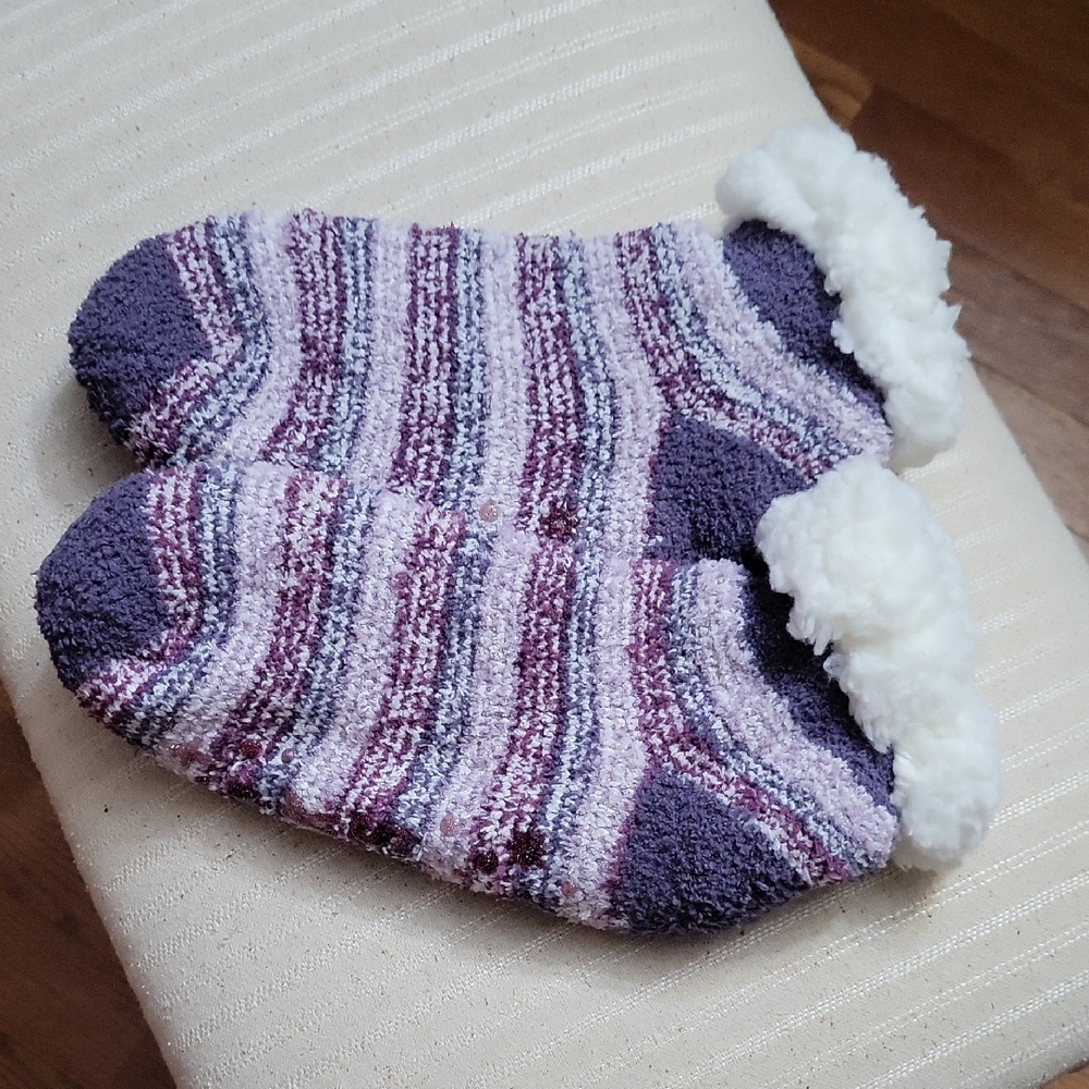 Muk Luks Purple and White Striped Fuzzy Gripper Socks